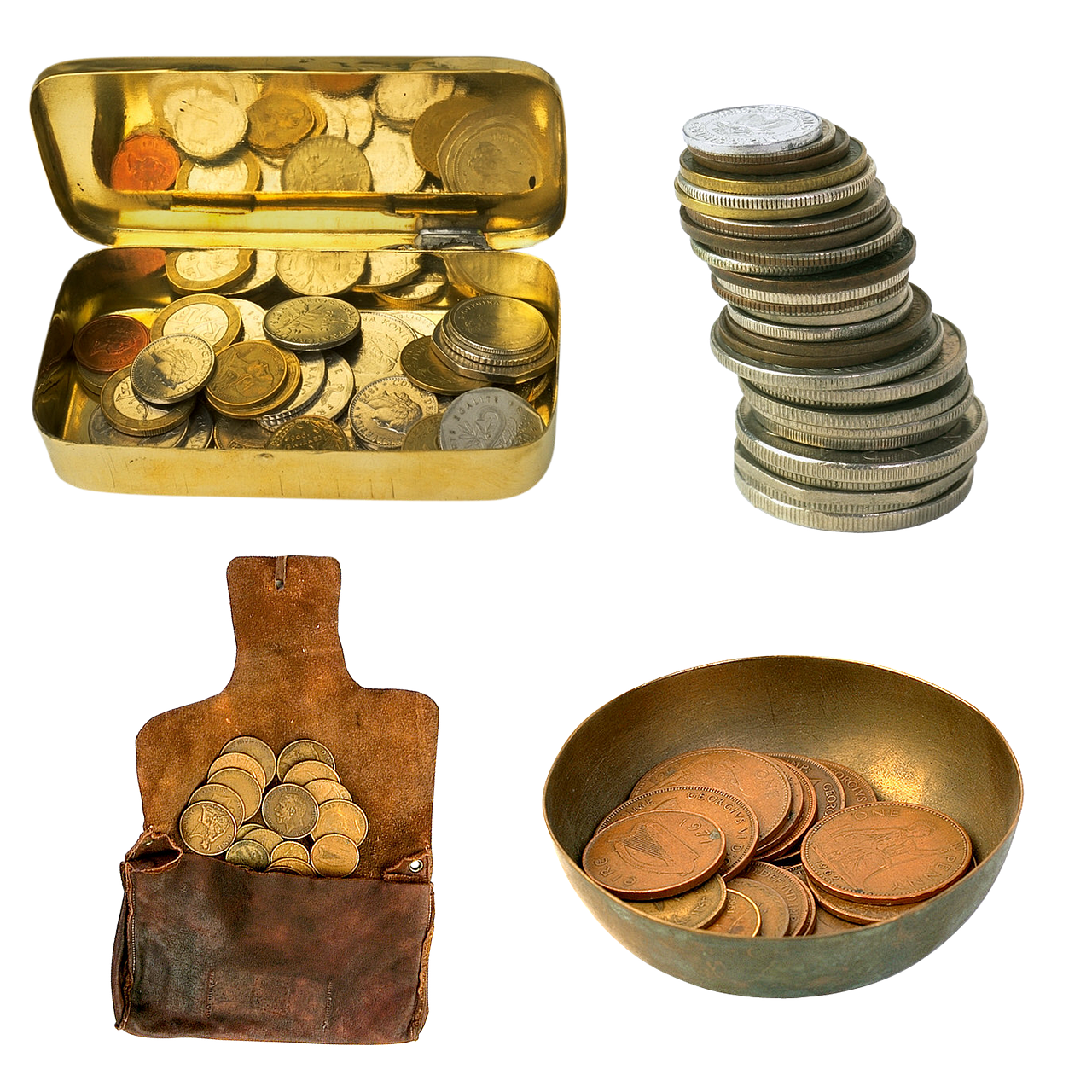 Cofrinho de porquinho cercado de moedas empilhadas, simbolizando economia e baixo custo